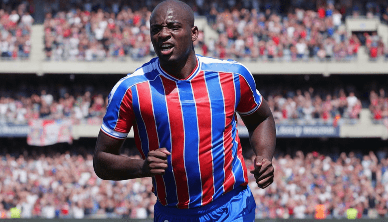 L'attaquant congolais Jean-Philippe Mateta en action, dribblant un défenseur adverse sur le terrain