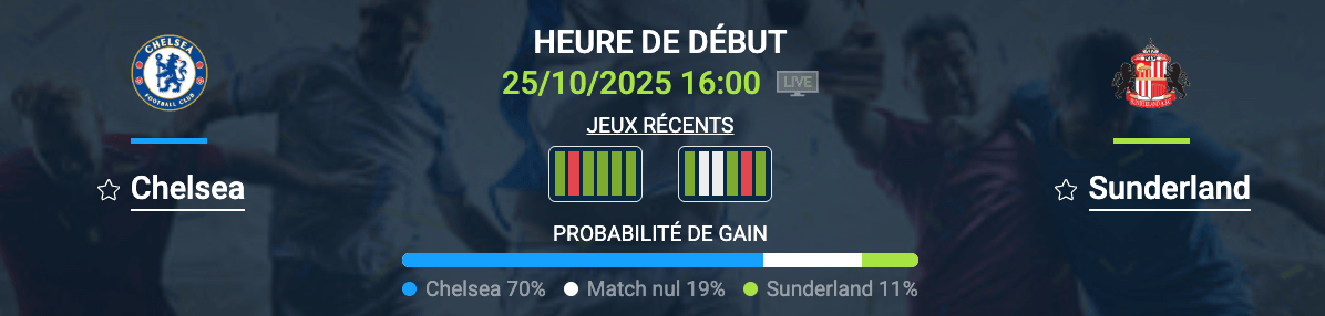Pronostic Chelsea – Sunderland: série victorieuse des Blues à Stamford Bridge et duel face aux Black Cats