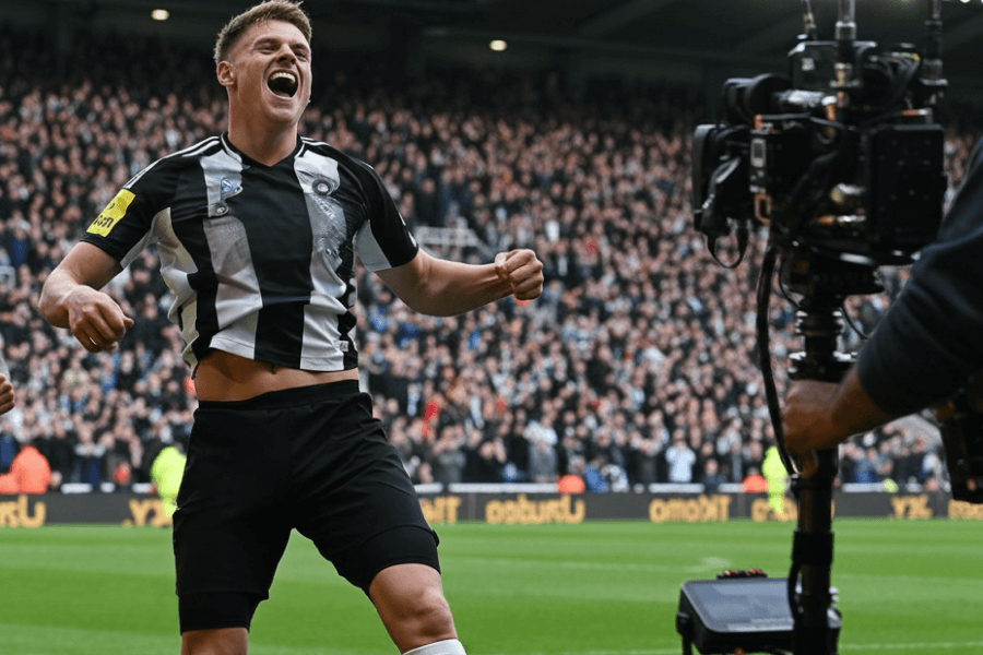 Harvey Barnes posant avec le ballon du match après son doublé victorieux.