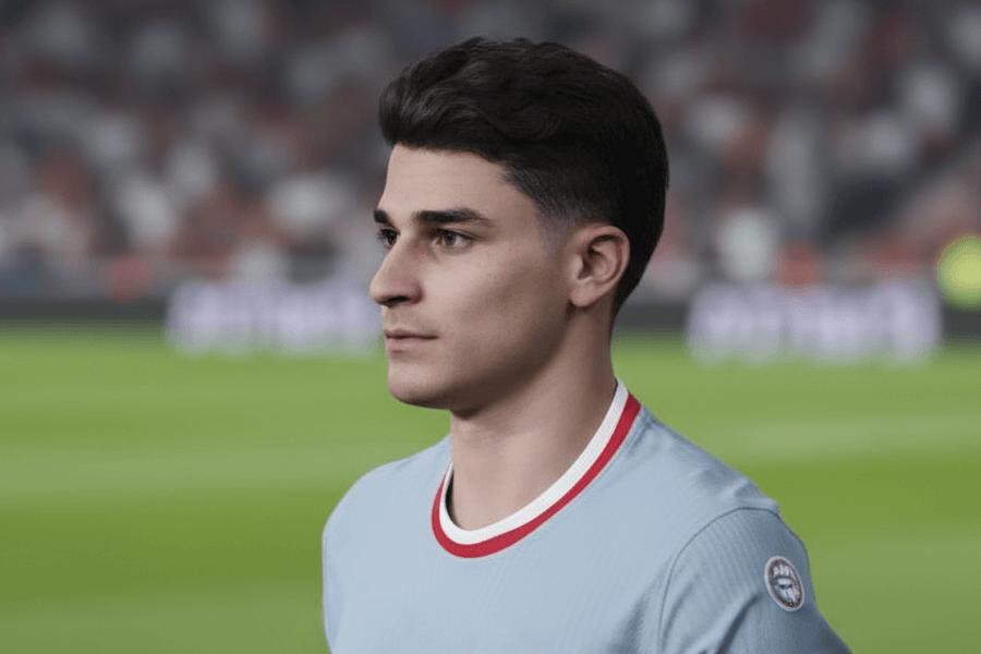 L’attaquant argentin Julián Álvarez en pleine accélération, ballon au pied, lors d’un match international avec l’équipe d’Argentine.