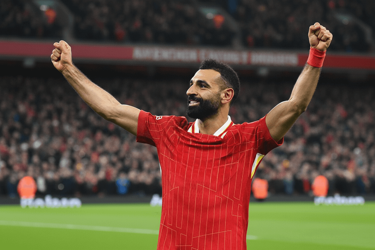 Mohamed Salah célébrant un but avec Liverpool en Ligue des Champions.