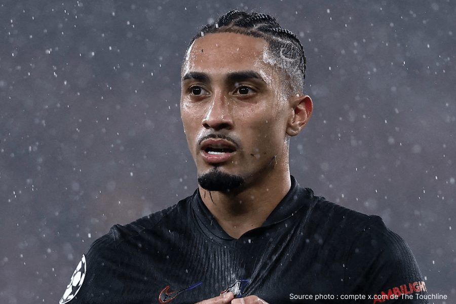 Raphinha assis sur le banc du FC Barcelone avec un bandage à la cuisse