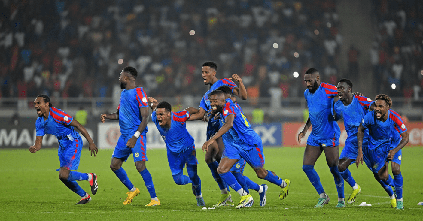 Les joueurs de la RDC réunis avant un match, affichant des expressions déterminées et concentrées, prêts à relever le défi