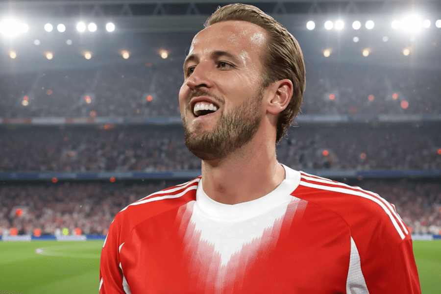 Harry Kane posant avec le maillot du Bayern Munich avant un match.