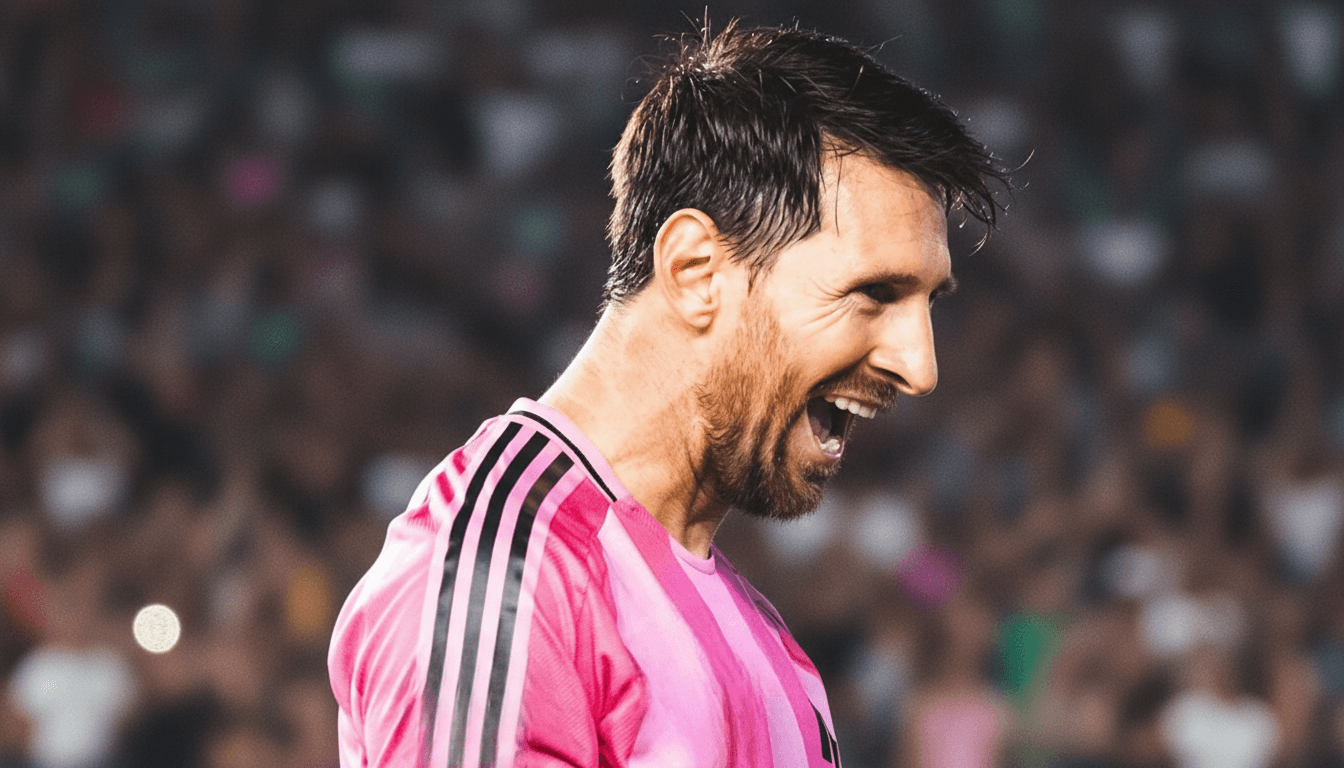 Lionel Messi dribblant un défenseur lors d'un match de MLS.