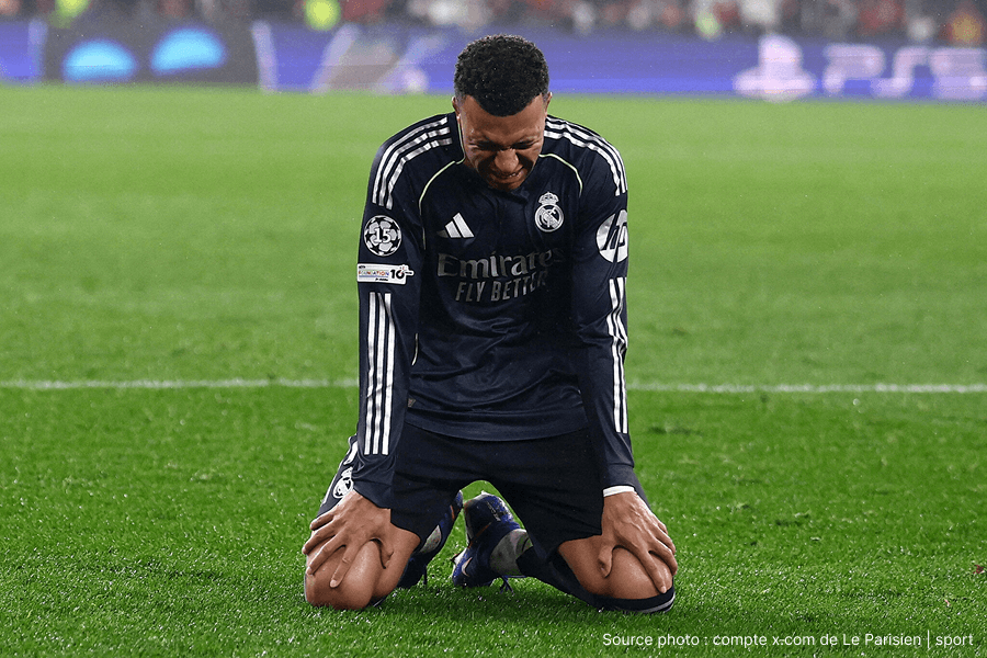 Kylian Mbappé célébrant but Real Madrid maillot blanc numéro 10 saison 2025-26