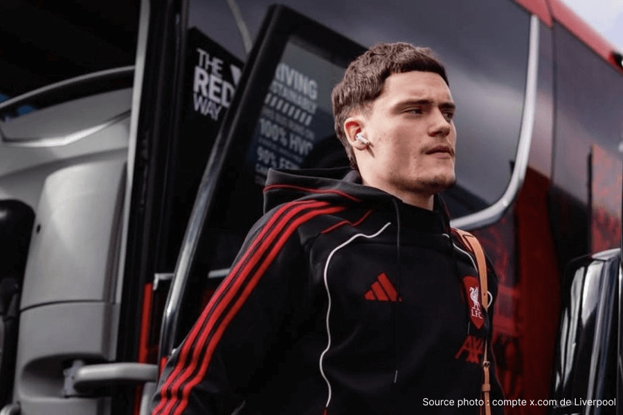 Florian Wirtz en tenue de Liverpool lors d'un échauffement avant match en Premier League
