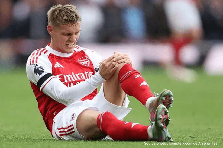 Martin Odegaard capitaine Arsenal blessure genou absent BayArena Leverkusen UCL