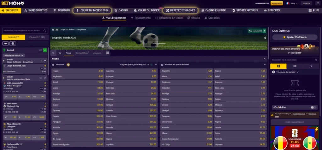 Paris en direct sur Betmomo : matchs de football en Live avec cotes dynamiques
