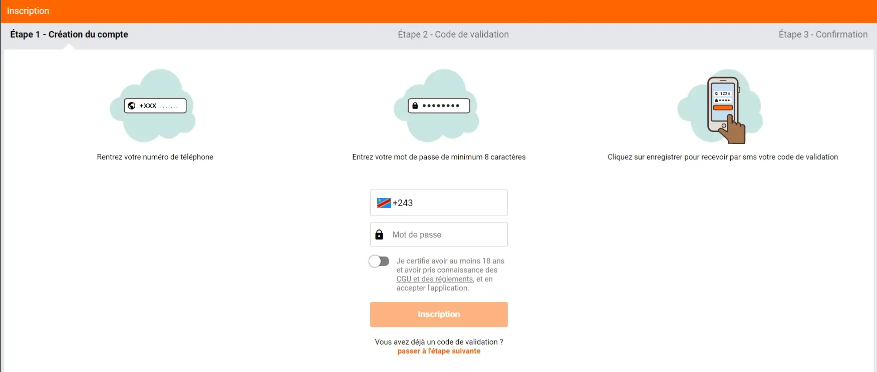 Formulaire d'inscription Congo Bet : numéro de téléphone et mot de passe