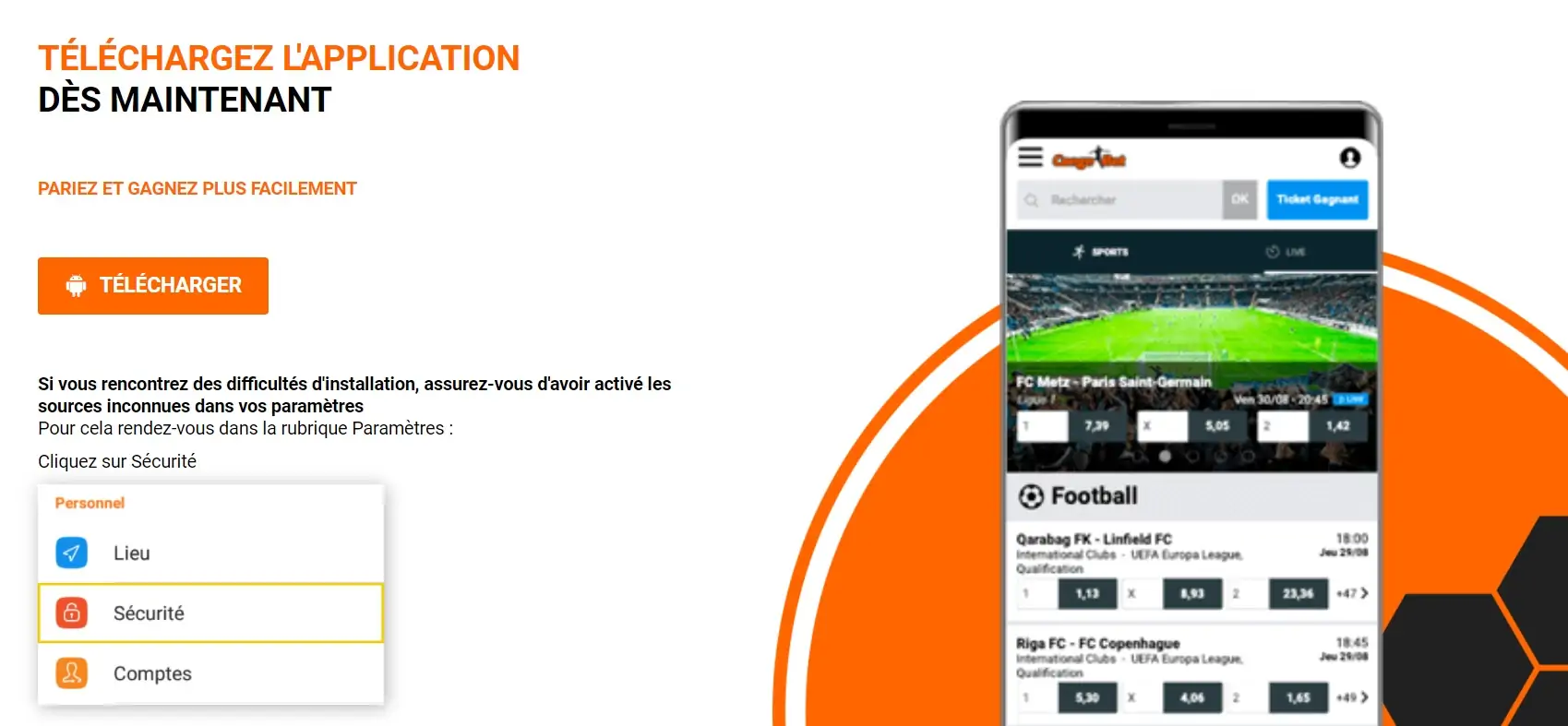 Écran de téléchargement de l'application Congo Bet APK pour Android