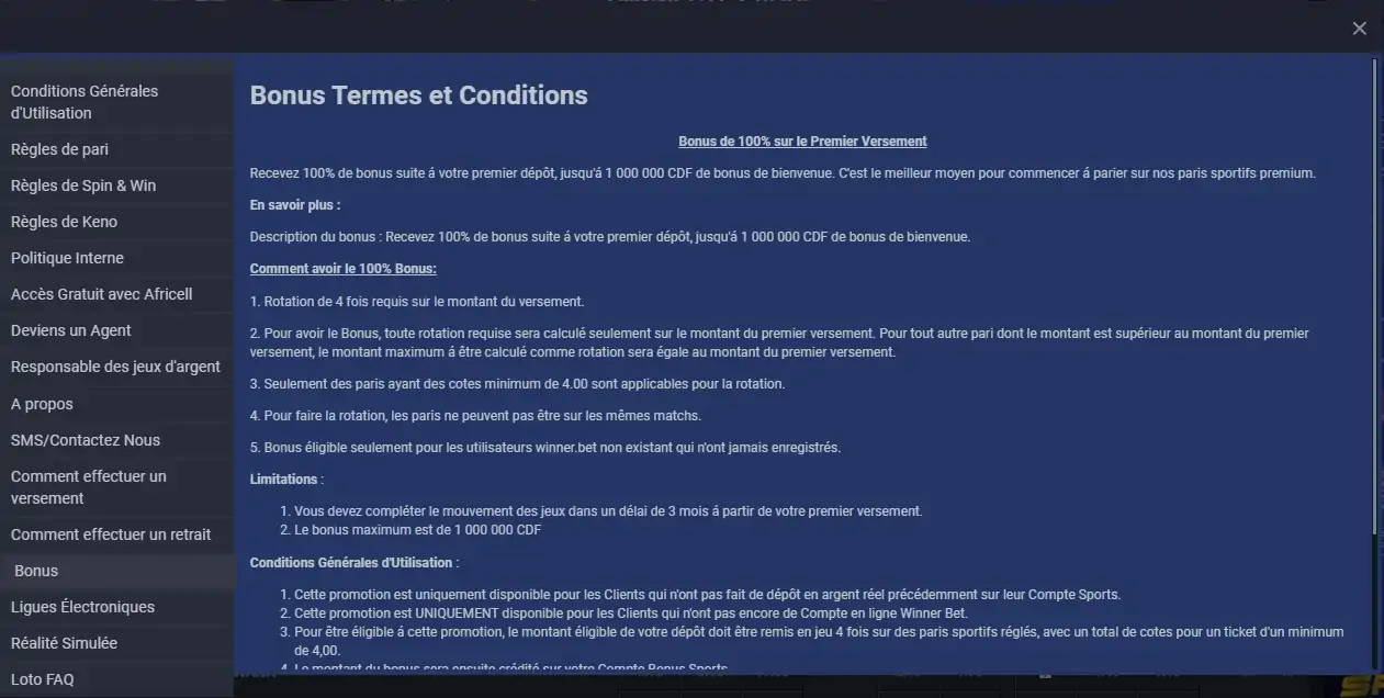 Bonus de bienvenue Winner Bet RDC : 100 % jusqu'à 1 000 000 CDF