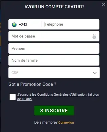 Formulaire d'inscription Winner Bet RDC