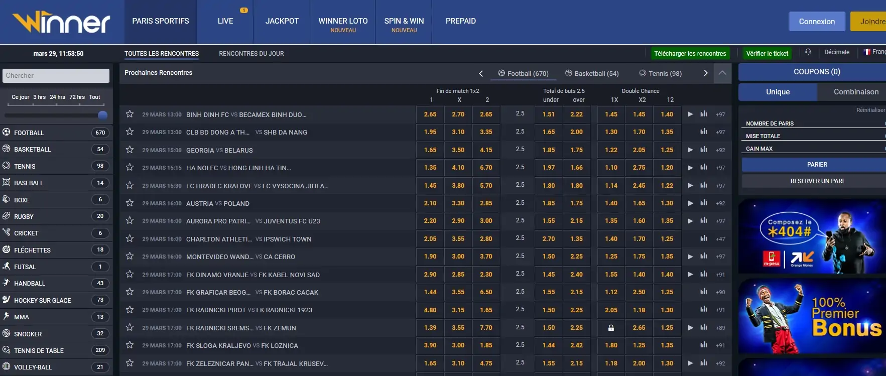 Interface du site Winner Bet RDC : ligne de paris football
