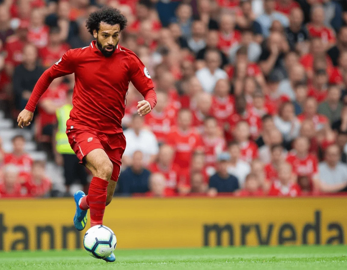 Mohamed Salah célébrant un but avec le maillot de Liverpool, symbole de son statut de favori pour le titre CAF 2025.