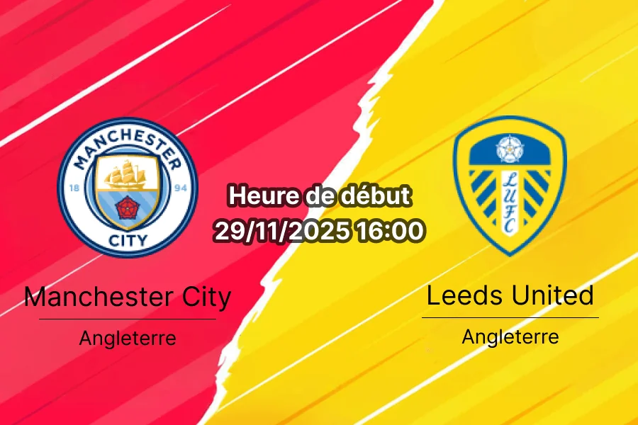 Affiche du match Manchester City – Leeds United à l'Etihad Stadium.