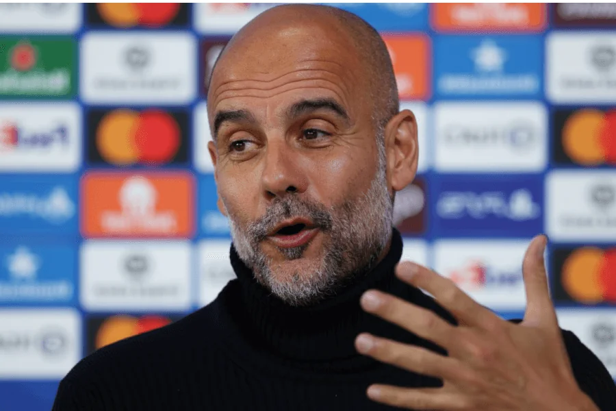Pep Guardiola lors de la conférence de presse d'avant-match.