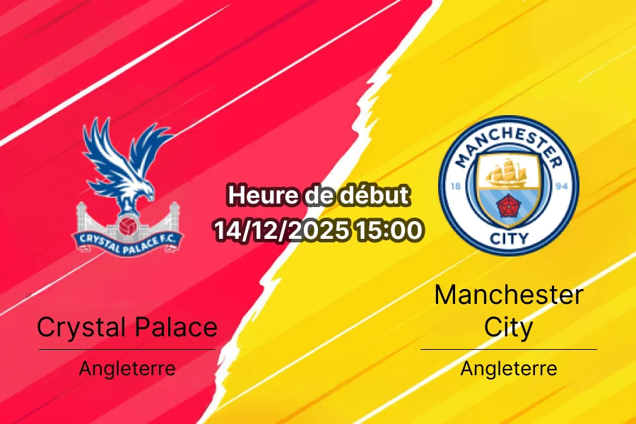 Couverture du pronostic pour le match Crystal Palace contre Manchester City.