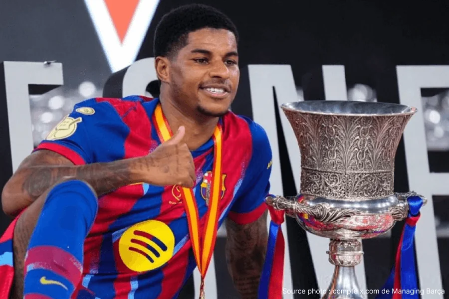 Marcus Rashford Barcelone célébration but maillot blaugrana Camp Nou joie attaquant anglais réussite catalane