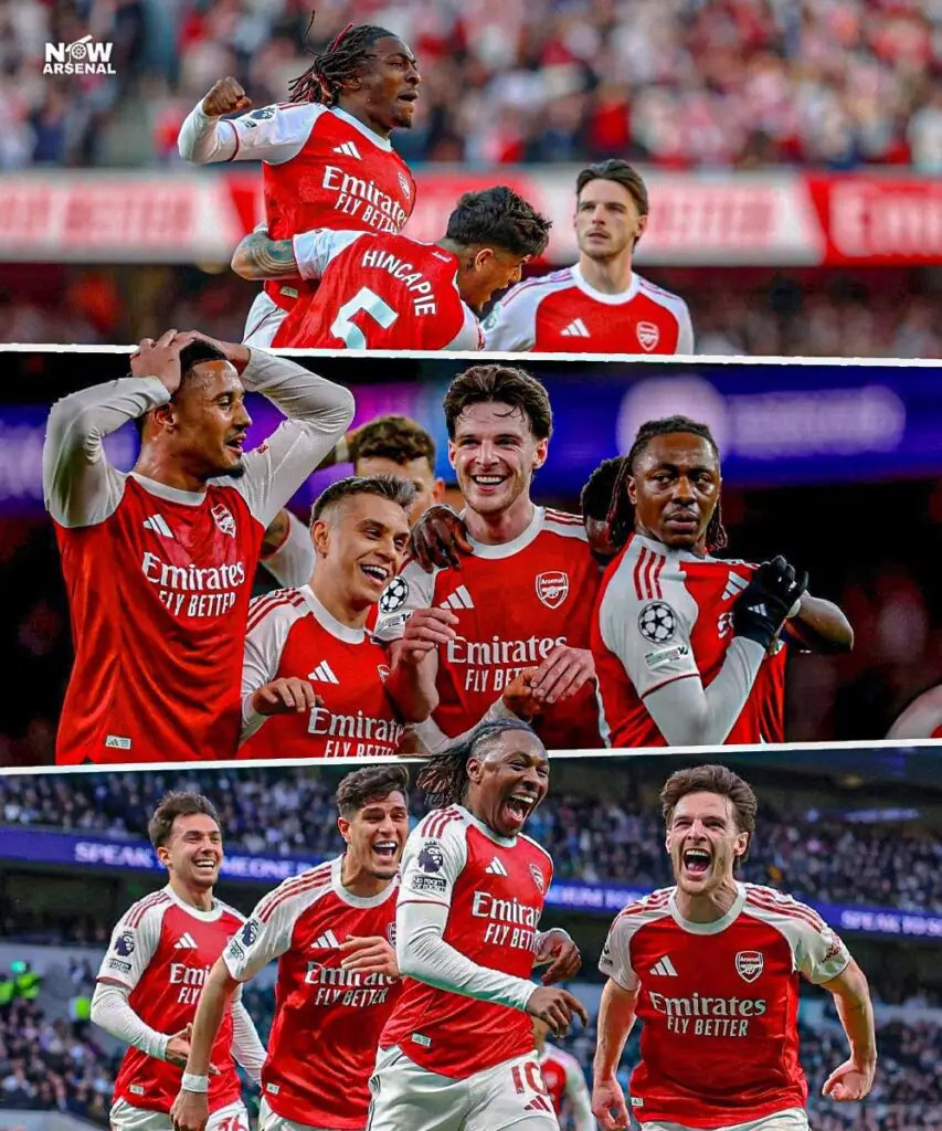 Declan Rice milieu d'Arsenal célébrant la victoire contre Newcastle United le 25 avril 2026 à l'Emirates