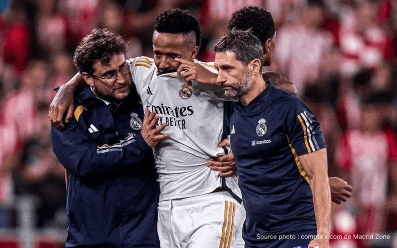 Éder Militao défenseur du Real Madrid sortant blessé contre Alavés avril 2026