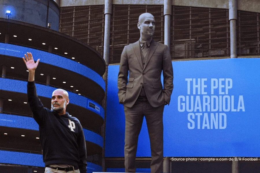 La nouvelle tribune nord de l'Etihad Stadium rebaptisée The Pep Guardiola Stand avant Manchester City Aston Villa 24 mai 2026 — capacité 61 000 places